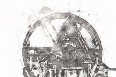 Ortaçağ maden yerleşiminde altın durulama yalakları, ortaçağ tarihi sanat illüstrasyonları antika eskizler