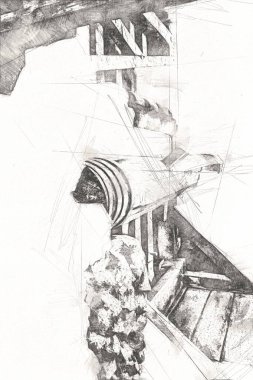 Steppe Mill Mill Wheel Kış Peyzajı Lueneburg Heath, Ortaçağ sanat illüstrasyonu antika eskiz