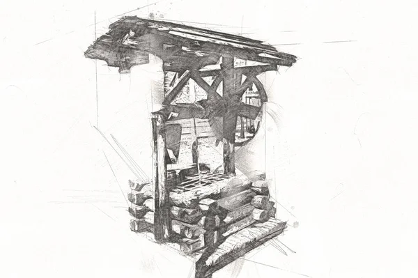 Starożytna Artezyjska Studnia Wiszącym Wiadrem Drewna Drewnianym Dachem Stare Czasy — Zdjęcie stockowe
