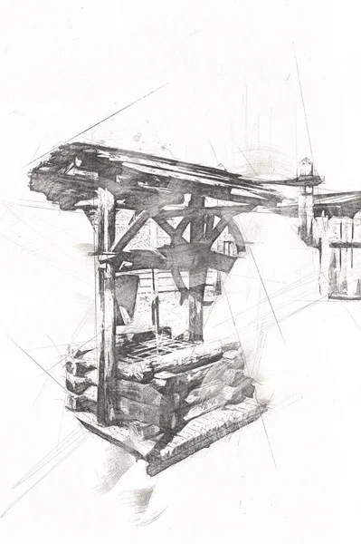 Starożytna Artezyjska Studnia Wiszącym Wiadrem Drewna Drewnianym Dachem Stare Czasy — Zdjęcie stockowe
