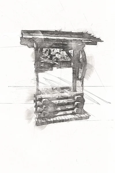 木製のバケツと木製の屋根 古い時代 アートイラストレトロヴィンテージアンティークスケッチをぶら下げ古代の芸術家 — ストック写真