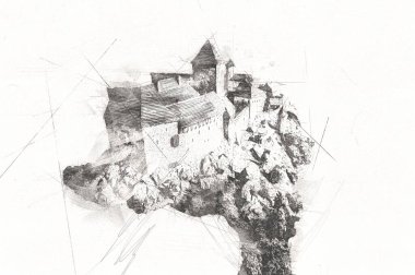 Klasik iç mekanlı klasik mobilyalar, ortaçağ tarihi sanat illüstrasyonu antika eskiz