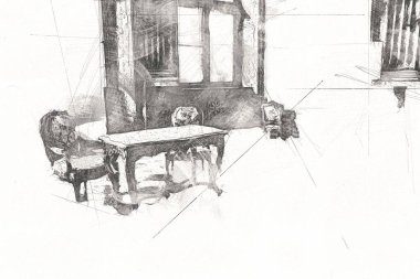 Klasik iç mekanlı klasik mobilyalar, ortaçağ tarihi sanat illüstrasyonu antika eskiz