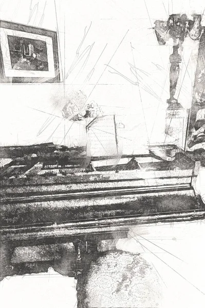 그랜드 피아노 고전적 스러운 골동품 스케치 — 스톡 사진