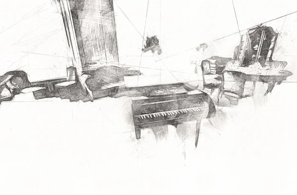 black grand piano in white classic room, interior, old, mediaeval old history art illustration retro vintage antique sketch