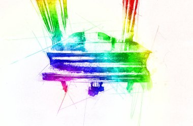 Beyaz klasik odada siyah kuyruklu piyano, iç mekan, eski, ortaçağ tarihi sanat illüstrasyonu antika eskiz