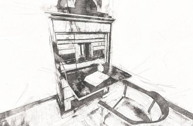 Ambiente stüdyosu, klasik büro masası, ortaçağ tarihi sanat illüstrasyonu antika eskiz.