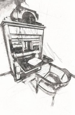 Ambiente stüdyosu, klasik büro masası, ortaçağ tarihi sanat illüstrasyonu antika eskiz.