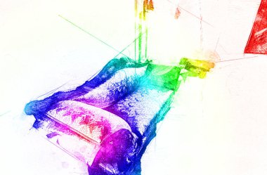 İç kısımda antika bir kanepe, eski bir çizim.