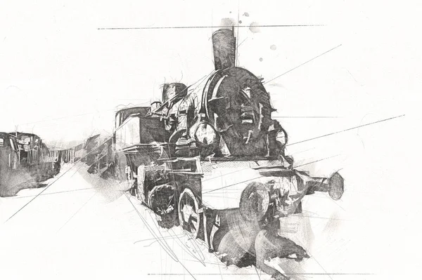 Steam Locomotive Drives Desert Art Illustration Drawing Sketch Antique Retro — Stock Photo, Image