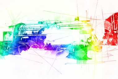 Buharlı lokomotif çölde, sanat, illüstrasyon, çizim, eskiz, antika, antika, antika.