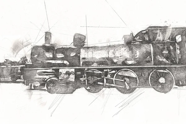 Stoomlocomotief Rijdt Door Woestijn Kunst Illustratie Tekening Schets Antiek Retro — Stockfoto