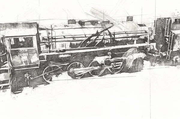 Locomotiva Vapore Guida Attraverso Deserto Arte Illustrazione Disegno Schizzo Antico — Foto Stock