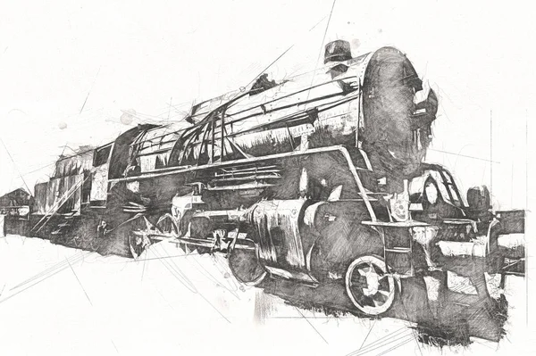 Locomotives Vapeur Travers Désert Art Illustration Dessin Croquis Antique Rétro — Photo