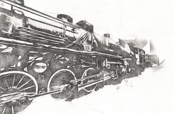 Steam Locomotive Drives Desert Art Illustration Drawing Sketch Antique Retro — Stock Photo, Image