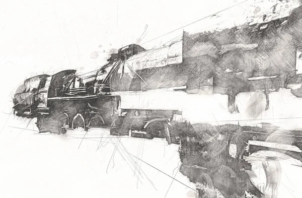 Steam Locomotive Drives Desert Art Illustration Drawing Sketch Antique Retro — Stock Photo, Image