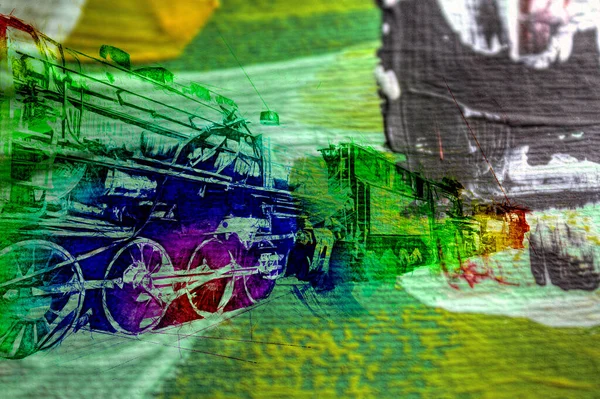 Locomotiva Vapor Atravessa Deserto Arte Ilustração Puxando Esboço Antiguidade Retro — Fotografia de Stock