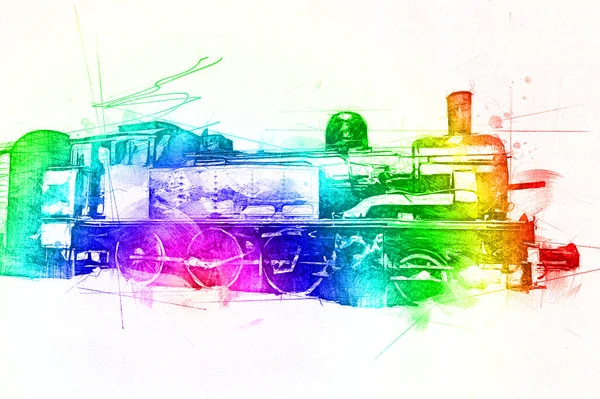 Locomotiva Vapor Atravessa Deserto Arte Ilustração Puxando Esboço Antiguidade Retro — Fotografia de Stock