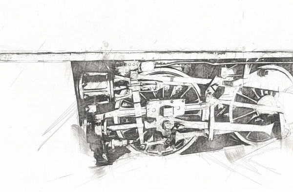 크랭크와 바퀴가 기관차 스케치 골동품 빈티지 — 스톡 사진