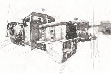 Eski dar ölçü demiryolu motoru, sanat, illüstrasyon, çizim, eskiz, antika, antika, antika.