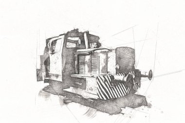 Eski dar ölçü demiryolu motoru, sanat, illüstrasyon, çizim, eskiz, antika, antika, antika.