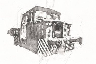 Eski dar ölçü demiryolu motoru, sanat, illüstrasyon, çizim, eskiz, antika, antika, antika.