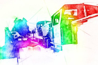 Eski dar ölçü demiryolu motoru, sanat, illüstrasyon, çizim, eskiz, antika, antika, antika.