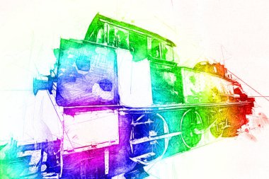 Eski dar ölçü demiryolu motoru, sanat, illüstrasyon, çizim, eskiz, antika, antika, antika.