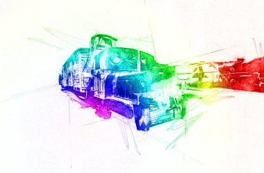 Eski dar ölçü demiryolu motoru, sanat, illüstrasyon, çizim, eskiz, antika, antika, antika.