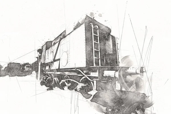 Vecchio Motore Ferroviario Scartamento Ridotto Arte Illustrazione Disegno Schizzo Antico — Foto Stock
