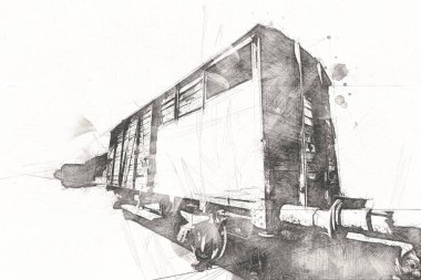 Eski tren vagonu, tren, sanat, illüstrasyon, çizim, eskiz, antika, antika, antika.