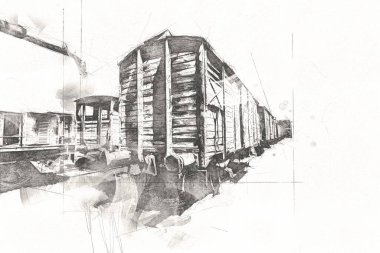 Eski tren vagonu, tren, sanat, illüstrasyon, çizim, eskiz, antika, antika, antika.