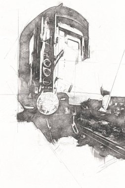 Eski tren vagonu, tren, sanat, illüstrasyon, çizim, eskiz, antika, antika, antika.