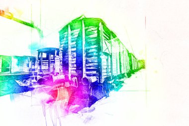 Eski tren vagonu, tren, sanat, illüstrasyon, çizim, eskiz, antika, antika, antika.