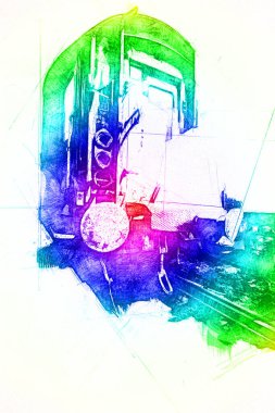 Eski tren vagonu, tren, sanat, illüstrasyon, çizim, eskiz, antika, antika, antika.