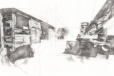 Demiryolu vinci, fotoğrafçılık, paslı, vagon, tren, sanat, illüstrasyon, çizim, eskiz, antika, retro, vintage.