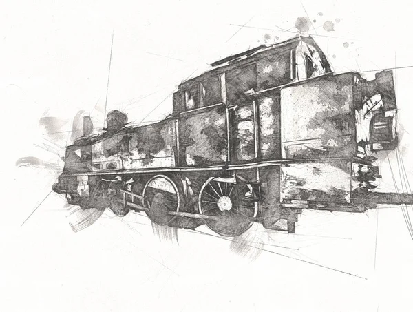 Piccola Locomotiva Vapore Fotografia Arrugginito Carro Treno Arte Illustrazione Disegno — Foto Stock