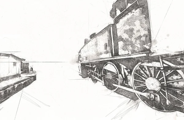 Pequeña Locomotora Vapor Fotografía Oxidado Vagón Tren Arte Ilustración Dibujo —  Fotos de Stock