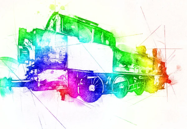 Kismozdony Gőz Fotózás Rozsdás Kocsi Vonat Művészet Illusztráció Rajz Vázlat — Stock Fotó
