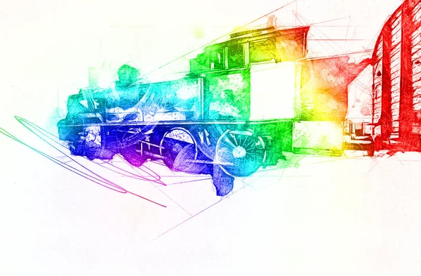 Piccola Locomotiva Vapore Fotografia Arrugginito Carro Treno Arte Illustrazione Disegno — Foto Stock