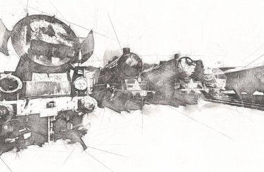 Farklı türde eski lokomotifler, tren, fotoğraf, paslı, vagon, sanat, illüstrasyon, çizim, eskiz, antika, antika, antika, antika.