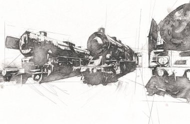 Farklı türde eski lokomotifler, tren, fotoğraf, paslı, vagon, sanat, illüstrasyon, çizim, eskiz, antika, antika, antika, antika.