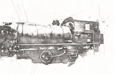 Farklı türde eski lokomotifler, tren, fotoğraf, paslı, vagon, sanat, illüstrasyon, çizim, eskiz, antika, antika, antika, antika.