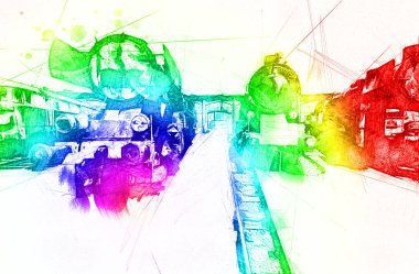 Farklı türde eski lokomotifler, tren, fotoğraf, paslı, vagon, sanat, illüstrasyon, çizim, eskiz, antika, antika, antika, antika.