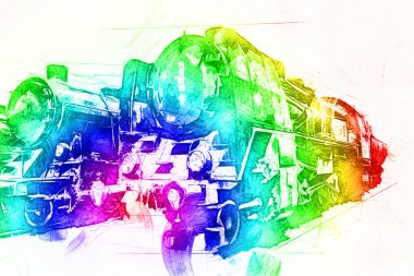 Farklı türde eski lokomotifler, tren, fotoğraf, paslı, vagon, sanat, illüstrasyon, çizim, eskiz, antika, antika, antika, antika.