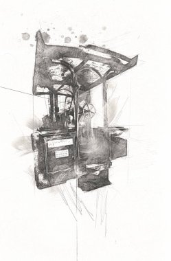 Eski buhar traktörü, tren, fotoğrafçılık, paslı, wagon, art, illüstrasyon, çizim, skeç, antika, retro, vintage.