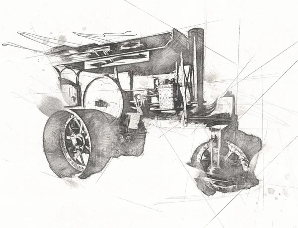 Viejo Tractor Vapor Tren Fotografía Oxidado Carro Arte Ilustración Dibujo —  Fotos de Stock