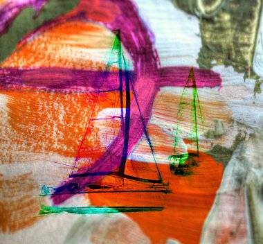 Gölde yelken açan yatlar, arka planda bulutlar, illüstrasyon, çizim, eskiz, klasik sanat, resim, antika, retro