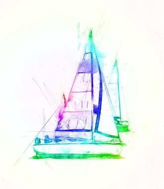 Gölde yelken açan yatlar, arka planda bulutlar, illüstrasyon, çizim, eskiz, klasik sanat, resim, antika, retro