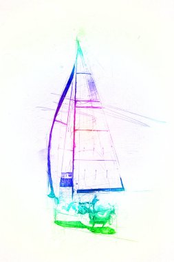 Gölde yelken açan yatlar, arka planda bulutlar, illüstrasyon, çizim, eskiz, klasik sanat, resim, antika, retro